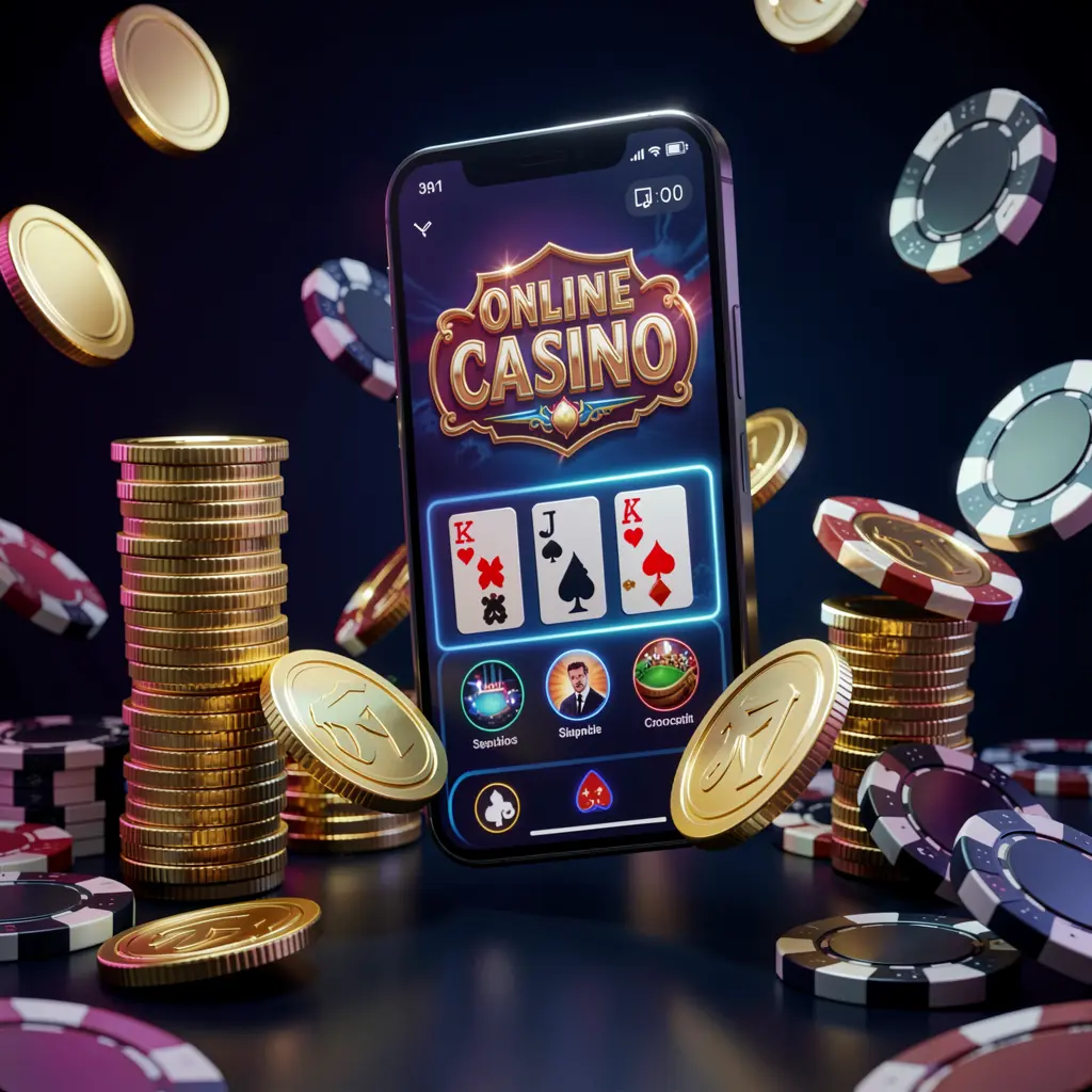 CPJL online casino app promotion banner showing a phone floating above golden coins and poker chips with a dark blue and black background and cinematic neon glow in a realistic 3D render