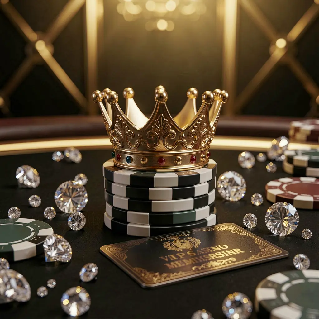 CPJL VIP casino rewards concept featuring an elegant golden crown atop poker chips with sparkling diamonds and a premium membership card against a luxury black and gold background, creating an exclusive high-end casino atmosphere