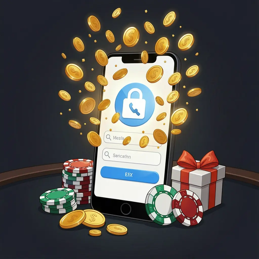CPJL casino user login illustration showing a phone with secure access icon, golden coins bursting from the screen, poker chips and a gift box nearby on a dark premium background