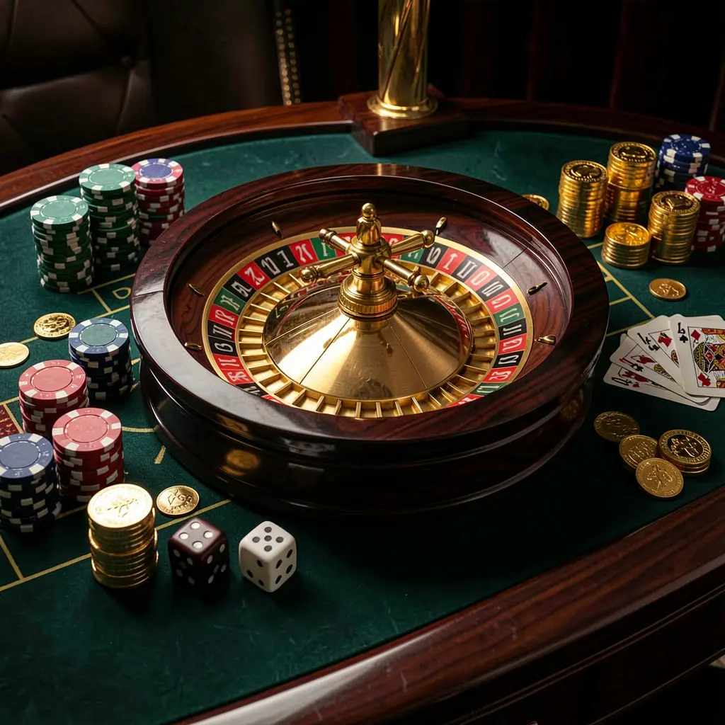 CPJL premium casino homepage scene featuring a roulette wheel spinning on a glossy table surrounded by poker chips, dice, cards, and golden coins against an elegant dark background with cinematic lighting